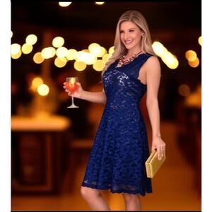 c.b. collections Navy Blue/Nude‎ Lace MIDI V-Neck Front Back Sleeveless Dress 16
